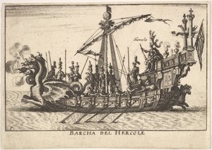 Tablica 1: Statek Herkulesa Barcha del Hercole, z dziobem w kształcie smoczej głowy i Herkulesem na pl..., 1664. autorstwa Unbekannt