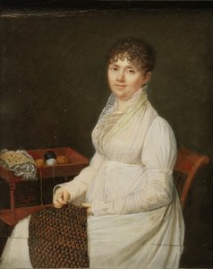 Portret kobiety z pracami gobelinowymi.