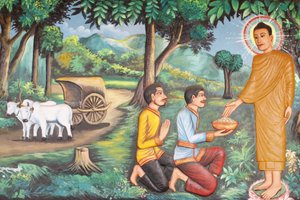Klasztor Preah Prom Rath Życie Buddy Siddhartha Gautama otrzymał jedzenie od dwóch braminów, Siem Reap, Kambodża autorstwa Unbekannt
