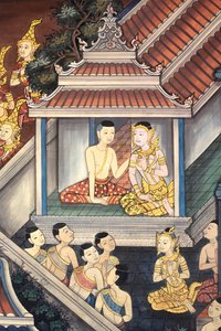 Książę Rama i Sita. Detal ścienny na wewnętrznych ścianach Vihary z czasów króla Ramy III przedstawiający Ramakien. Wat Pho - Wat Phra Chetuphon. 1788. Bangkok. Tajlandia autorstwa Unbekannt