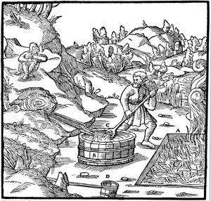 Produkcja soli poprzez odparowanie naturalnej solanki poprzez wsypanie jej do dołu z węglem drzewnym, 1556 autorstwa Unbekannt