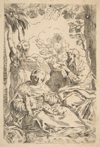 Odpoczywaj w Egipcie, Święta Rodzina siedzi, podczas gdy anioł ciągnie za gałęzie drzewa..., ok. godz. 1637-1639 lub później. autorstwa Unbekannt