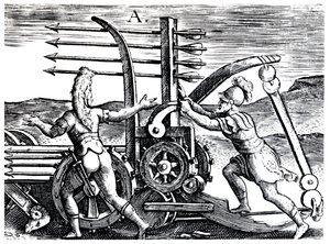 Żołnierze rzymscy używający machiny wojennej strzelający wieloma strzałami, 1605 autorstwa Unbekannt