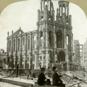 Ruiny żydowskiej synagogi przy Sutter St. przetrwały wielkie trzęsienia ziemi w latach 1865 i 1868, 1906. autorstwa Unbekannt