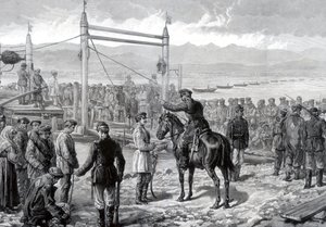 Rosyjscy skazani pod eskortą wojskową czekający na przeprawę przez rzekę Jenisej, Syberia, 1882 r. autorstwa Unbekannt