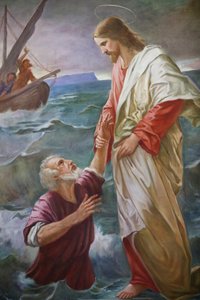 Kościół św. Obraz. Piotr szedł po wodzie w kierunku Jezusa, ale przestraszył się i zaczął tonąć, a Jezus go uratował. Valgrisenche. Włochy. autorstwa Unbekannt