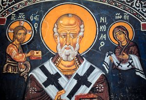 Święty Mikołaj otacza bizantyjski fresk Chrystusa i Marii z XIV wieku (1332) Nateks, południowa ściana Kościół Dziewicy Phorbiotissa, Asinou Unesco region Troodos, Cypr autorstwa Unbekannt