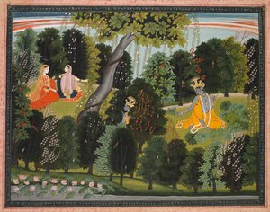 Sakhi przekonuje Radhę, by spotkała się z Kryszną, z Lambagraon Gita Govinda..., c. 1820-1825. autorstwa Unbekannt