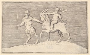 Satyr Leading Goat, na którym jeździ niemowlę, opublikowano 1599-1622. autorstwa Unbekannt