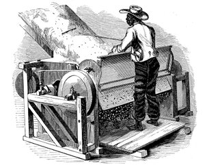Piła do czyszczenia bawełny obsługiwana przez bosego czarnego robotnika, południowe USA, 1865 autorstwa Unbekannt