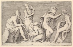 Scena Ofiary z Wojownikiem Zabijającym Barana i Cztery Inne Figury, wydana 1599-1622. autorstwa Unbekannt
