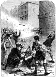 Żołnierze strzelający do buntowników podczas powstania w Glasgow, 1706 XIX w. autorstwa Unbekannt