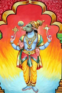 Hinduska świątynia Sri Vadapathira Kaliamman. Awatar Wisznu. Varaha jest trzecią inkarnacją. Singapur autorstwa Unbekannt