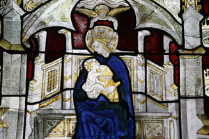 Witraż w Collegiale Notre-Dame des Marais: Dziewica z dzieckiem Villefranche-sur-Saone Francja autorstwa Unbekannt