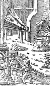 Produkcja stali: kuźnia z miechami do wytwarzania ciągu, 1556 autorstwa Unbekannt