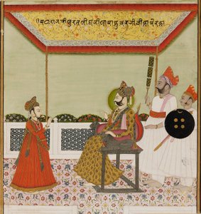 Surat Singh zasiada na tronie z lwami i przyjmuje swojego młodego syna, ok. 1800 autorstwa Unbekannt