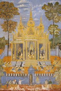 Pagoda Sylvera Ten mural przedstawia sceny z Reamkera, który jest kambodżańską lub khmerską wersją klasycznego hinduskiego poematu Ramajana, Phnom Penh, Kambodża autorstwa Unbekannt