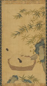 Gobelin: gołębie kąpiące się w misce, skały i bambusy, prawdopodobnie dynastia Ming, 1368-1644. autorstwa Unbekannt