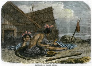 Tatuowanie wodza Maorysów, Nowa Zelandia, ok. 1875 r. autorstwa Unbekannt