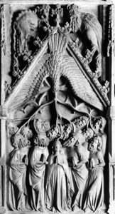Ołtarz Życia Dziewicy Detal. Płaskorzeźba Jaume Cascalls (?-1378) XIV-wieczny kościół Matki Bożej Corneilla de Conflent (Pireneje Wschodnie) autorstwa Unbekannt