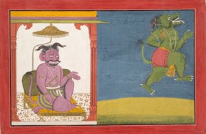 Demon Hiranyaksha opuszcza Pałac Demonów... z serii Bhagavata Purana, ca. 1740. autorstwa Unbekannt