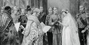 Książę Yorku umieszczający pierścień na palcu Lady Elizabeth Bowes-Lyons, 26 kwietnia 1923, 1937 autorstwa Unbekannt