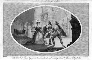 Hrabia Essex kładzie rękę na swoim mieczu po uderzeniu przez królową Elżbietę, 1792 autorstwa Unbekannt