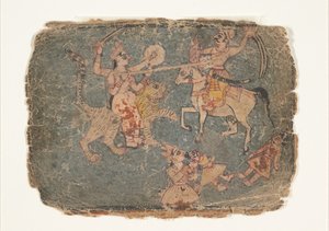 Bogini Durga zabijająca wroga, Page z rozproszonej Markandeja Purany..., 1650-60. autorstwa Unbekannt