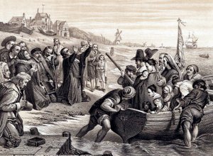 Ojcowie Pielgrzymi opuszczający Delft Haven w swojej podróży do Ameryki, lipiec 1620 1878 autorstwa Unbekannt