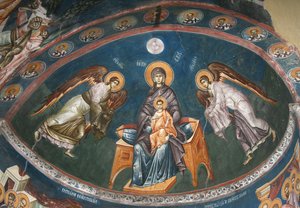 Dziewica na tronie z Chrystusem Emanuelem z Archaniołami Michałem i Gabrielem, XIV w. autorstwa Unbekannt