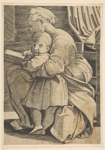 Matka Boska czytająca z Dzieciątkiem Chrystus, kobieta siedząca z profilu zwrócona w lewo i..., ca. 1515-1600. autorstwa Unbekannt