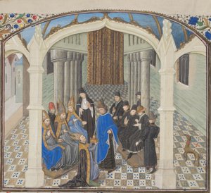 Koronacja Baldwina II w 1118 r. Miniatura z Historii Wilhelma Tyru, lata 60. XIV wieku autorstwa Unbekannt