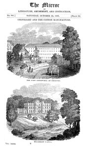 Pierwsza przędzalnia bawełny w domu Cromford, Derbyshire i Richarda Arkwrights, 1836 r autorstwa Unbekannt