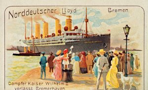 Gigantyczny SS Kaiser Wilhelm II odpływa z nabrzeża w Bremerhaven, Niemcy, 1905. autorstwa Unbekannt