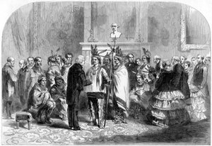 Prezydent Stanów Zjednoczonych nakłaniający wrogie plemiona do uścisku dłoni, 1858 r autorstwa Unbekannt