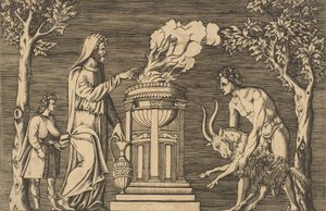 Ofiara z barana trzymanego przez nagiego mężczyznę z prawej strony, zakapturzony kapłan z lewej z..., ca. 1515-1600. autorstwa Unbekannt