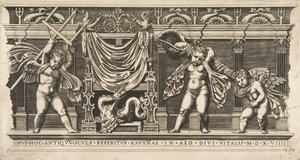 Trzy amorki przed fasadą z pilastrami, jeden trzymający trójząb i drugi..., ca. 1515-1600. autorstwa Unbekannt