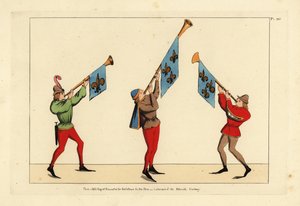 Trzech heroldów z trąbkami ozdobionymi sztandarami fleur-de-lis autorstwa Unbekannt