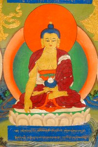 buddyzm tybetański; kolorowy mural przedstawiający Buddę w medytacji; Bhumisparsha Mudra; Bhumisparszamudra wzywająca matkę ziemię; Pałac Panczenlamy; Klasztor Taszilhunpo; Shigatse; Himalaje; Tybetański Region Autonomiczny; Chińska Republika Ludowa; Asi autorstwa Unbekannt