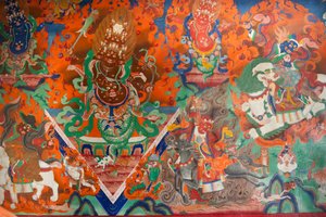 buddyzm tybetański; stare malowidło ścienne w auli; demon walczący za pomocą łuków i strzał; Klasztor Trakthok Gompa; Sakti w pobliżu Leh; rejon Ladakhu; Dżammu i Kaszmir; Indie; Południowa Azja; Azja autorstwa Unbekannt