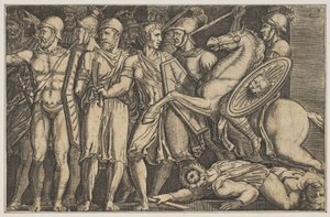 Trajan walczący z Dakami, Trajan na koniu po prawej jedzie w kierunku grupy..., ok. godz. 1515-1600. autorstwa Unbekannt