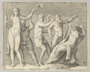 Dwie postacie, faun i satyr zbliżają się do leżącej kobiety 1599-1622. autorstwa Unbekannt