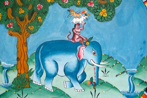 Ściana przedstawiająca legendę czterech przyjaciół; słoń; małpa; królik i kogut; Charbadi Gompa; Phuentsholing; Królestwo Bhutanu autorstwa Unbekannt
