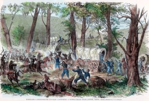 Konfederacyjna kawaleria Wheelers zdobywająca pociąg z zaopatrzeniem w pobliżu Jasper, Tennessee, c1863 autorstwa Unbekannt