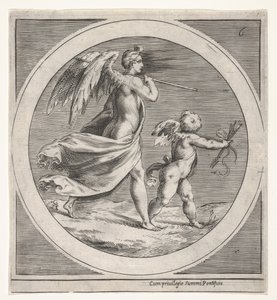 Skrzydlata postać kobieca, udrapowana i niosąca laskę, krocząca za skrzydlatym putto..., ca. 1550-1600. autorstwa Unbekannt