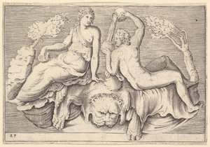 Kobieta i mężczyzna siedzący na lwiej skórze, Mężczyzna nalewający wino, opublikowano 1599-1622. autorstwa Unbekannt