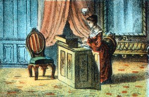 Kobieta korzystająca z maszyny do szycia opatentowanej przez Eliasa Howe [c1878] autorstwa Unbekannt