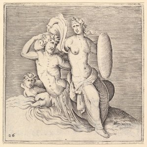 "Kobieta z tarczą siedząca na Seamonster", wydana ca. 1599-1622. autorstwa Unbekannt