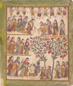 Yashoda wiąże ręce Kryszny: Strona z rozproszonego rękopisu Bhagavata Purana, 1640-50. autorstwa Unbekannt