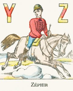 Z: Zephir, jeździec galopujący na swoim koniu imieniem Zephyr - Games Alphabet, c.1890 (rycina) autorstwa Unbekannt